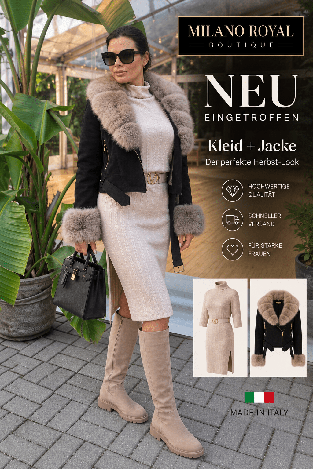 Herbst Strickleid Palazzo | One Size | Beige · Mokka · Fango - Milano Royal Boutique