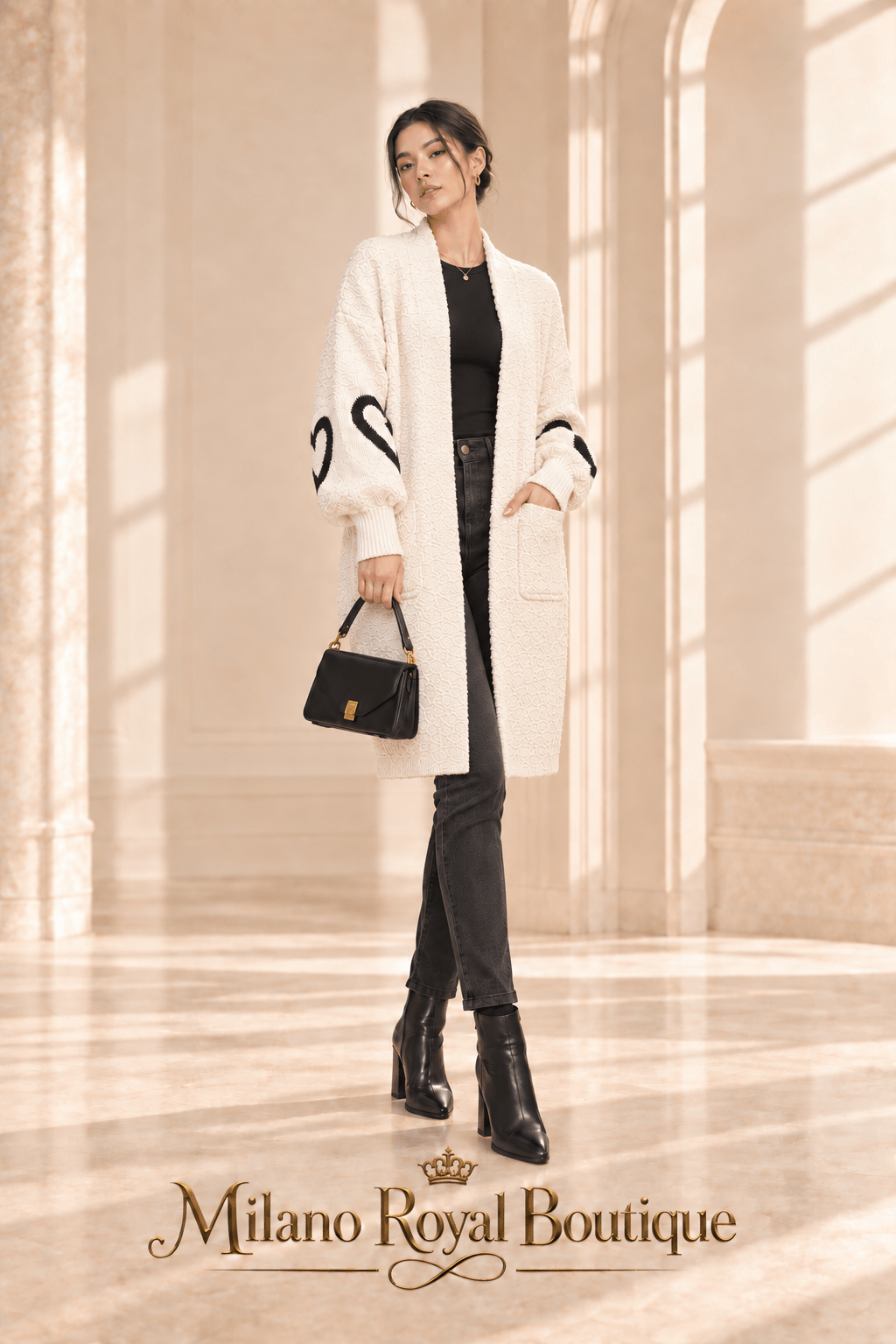 Long Cardigan mit Herzmuster & Taschen - Milano Royal Boutique
